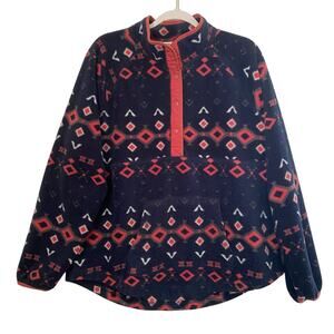 Navy Aztec Fleece Sweater Pullover Geometric Quarter Snap Womens XL